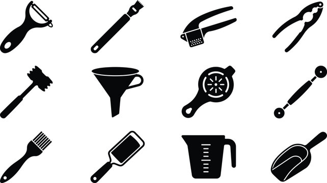 Set of kitchen utensils and cooking tools icons, black silhouette vector illustrations for culinary design and food preparation concepts