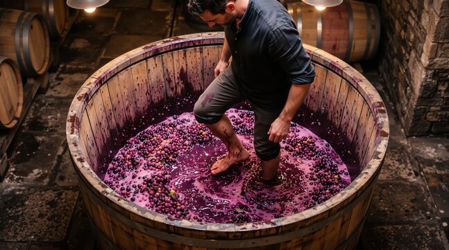 Man crushing grapes in wooden barrel for wine production