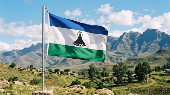 Flag of Lesotho waving proudly on a tall metal flagpole against rugged mountains and bright sky.