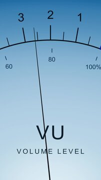 Vertical VU meter close-up with needle swinging across blue gradient scale. Analog volume level indicator animates audio signal peaks. Retro design for music and podcast production.