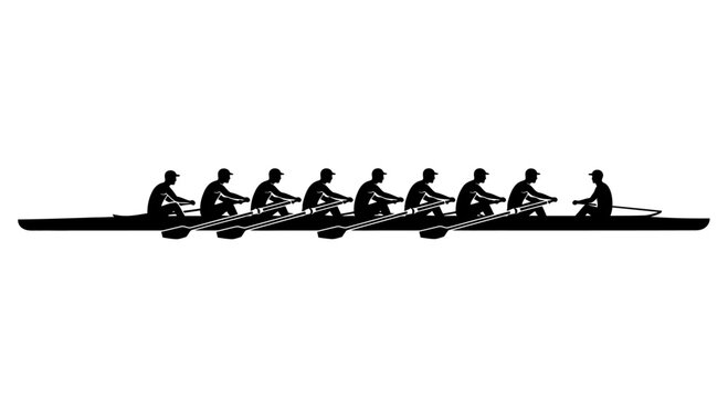 Black silhouette vector illustration of a rowing team with eight rowers and a coxswain in a shell boat, isolated on a white background.