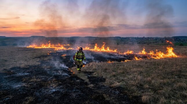 A firefighter walking through a field during a controlled burn or wildfire at sunset, with flames and smoke rising against a colorful evening sky