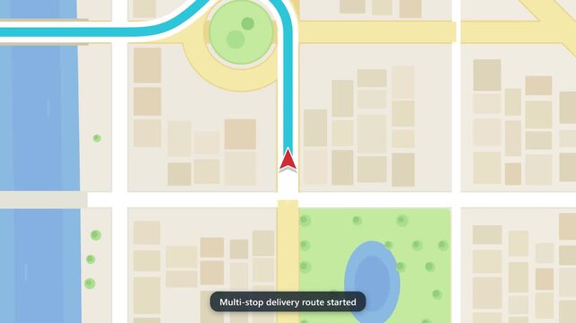 Animated GPS navigation map tracks multi-stop courier delivery route across city grid. Teal line with numbered pins and alerts follows driver progress. Flat design for logistics and apps.