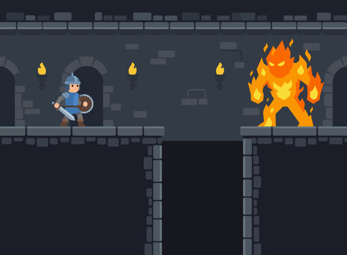 night A video game scene featuring a hero and a fire villain to battle inside a dungeon; the hero is equipped with a shield and a sword.