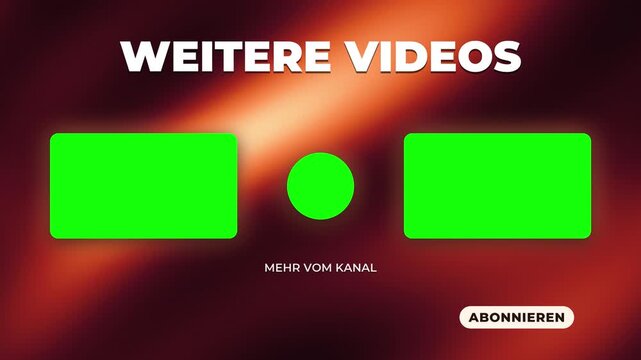 German end screen template with green placeholders for thumbnails and subscribe button over glowing ember animation. Bold white headline design boosts channel outro engagement and viewer retention.