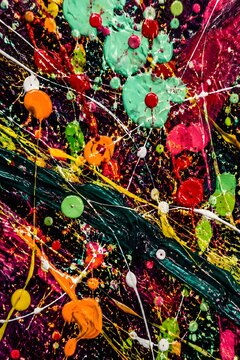 Vibrant Multicolor Paint Splatter Art With Dripping Bubble Texture