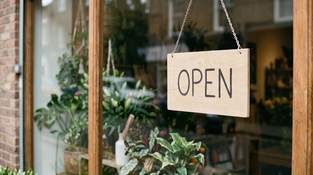 Open sign hanging in a welcoming small business storefront