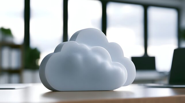 A stylized cloud shaped object sits on a wooden desk in a modern office with large and soft natural lighting