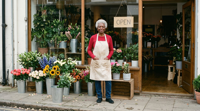 Senior florist stand outside open neighborhood flower shop