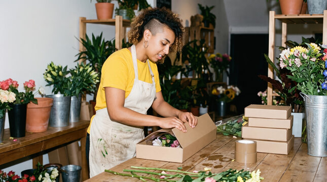 Florist packing a wrapped bouquet into a plain shipping box