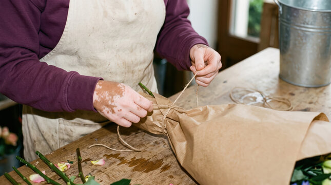 Close view of hands tying a bouquet with natural twine
