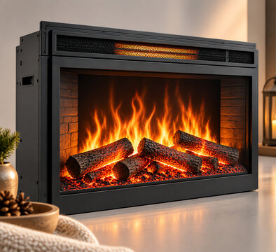 Black electric fireplace insert with glowing artificial logs and realistic orange flames, set in a brick-textured interior hearth