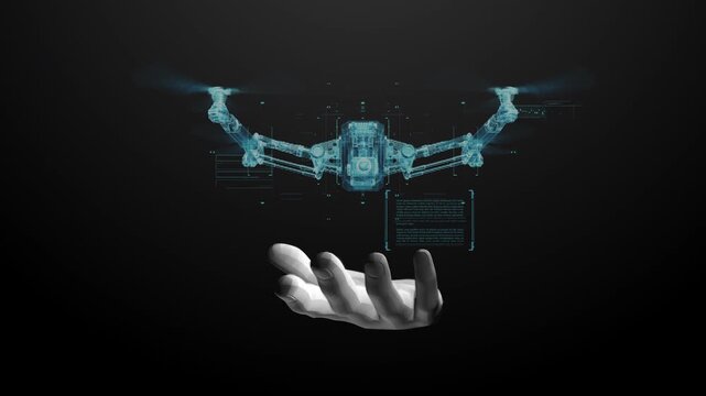 HUD animation video footage featuring a holographic 3D scan image hovering above a palm, conveying a futuristic, high-tech feel associated with data transmission.