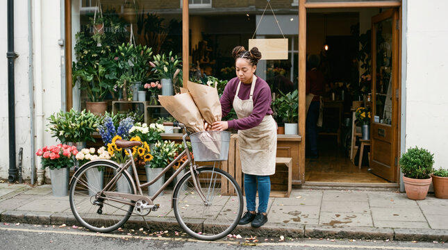 Florist loading wrapped bouquets into a bicycle basket for delivery