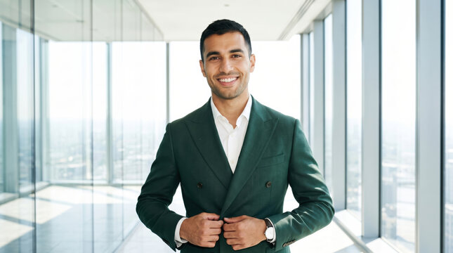 Corporate portrait of an executive in a forest green suit