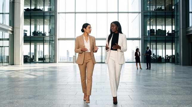 Two executives walking and talking across a corporate plaza