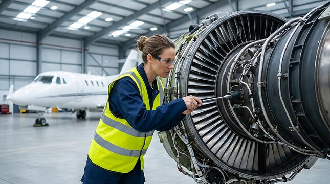 Female aircraft mechanic meticulously inspects powerful jet engine turbine blades for air travel safety and maintenance in hangar.
