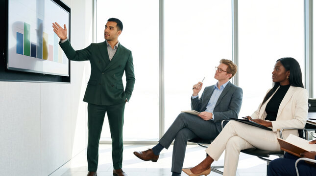 Executive presenting figures on a screen to seated colleagues