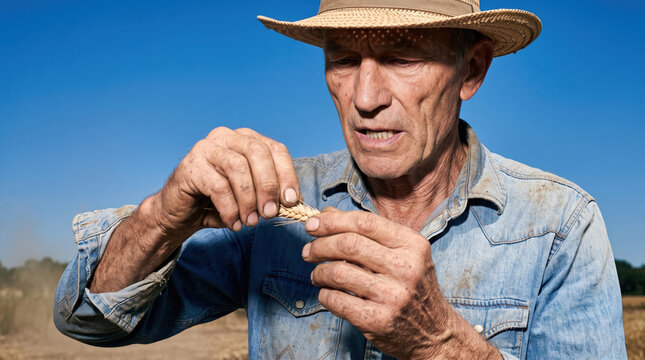 Close-up of a farmer rubbing grain from an ear of wheat