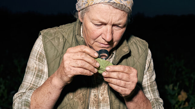 Farmer examining a leaf with a hand lens