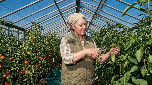 Farmer working in a sunlit greenhouse at midday