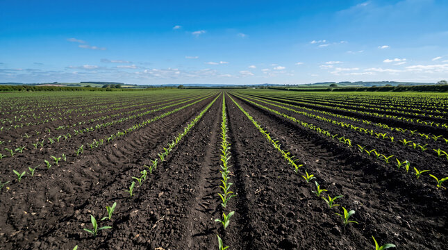 Rows of young seedlings under a blue midday sky