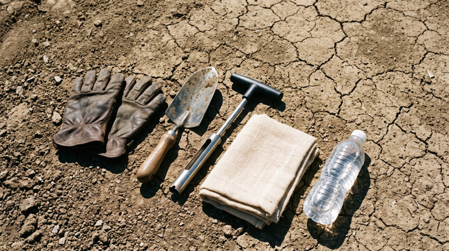 Farm tools laid out on dry cracked soil in the sun
