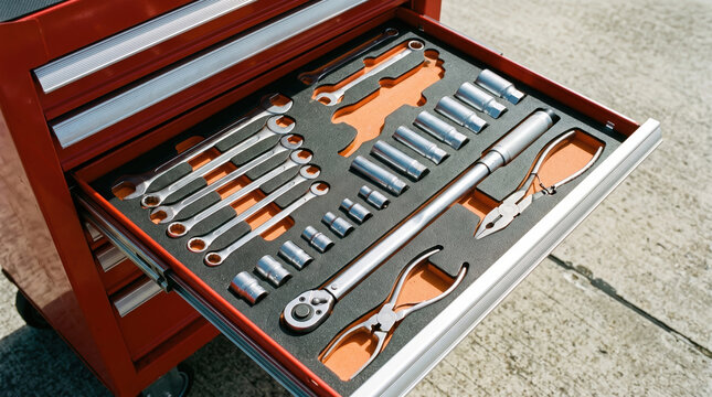 Aviation tools laid out in a shadow board drawer