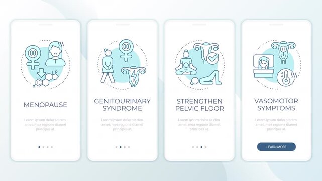 Female reproductive health animated mobile app onboarding. Pelvic floor conditioning care. Vasomotor symptoms. Welcome screen UI. Carousel walkthrough animation with blue monochrome concept icons