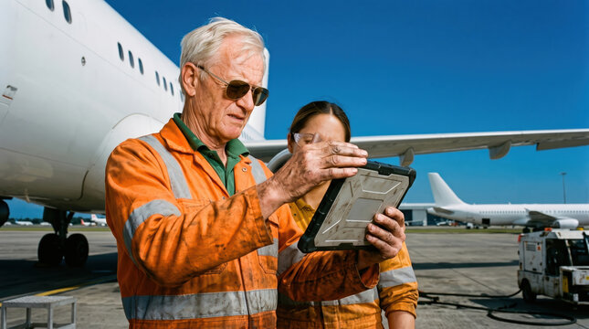 Engineers inspect aircraft equipment in airport maintenance hangar