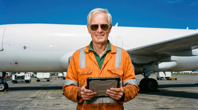 Engineer shading a tablet screen from the sun