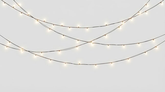 Softly glowing warm white fairy lights draped in overlapping curves over a light gray background with string lights christmas lights glowing garland light overlay holiday lighting decorative bulb