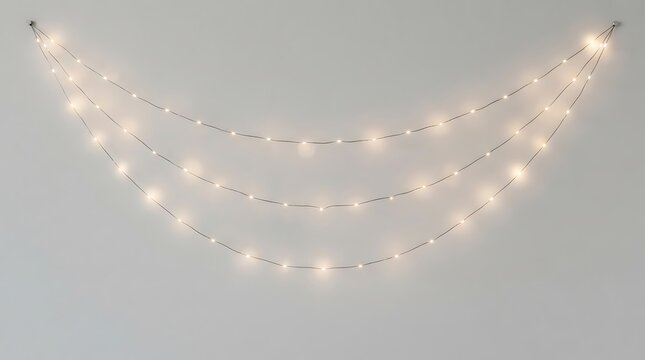 Three curved strands of glowing fairy lights hanging in draped garlands against a light gray background with string lights draped garland christmas lights glowing bulbs triple strand light overla