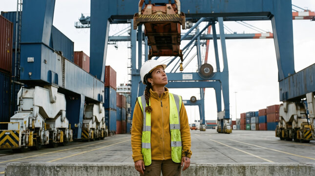 Female worker inspect cargo crane at container harbor terminal