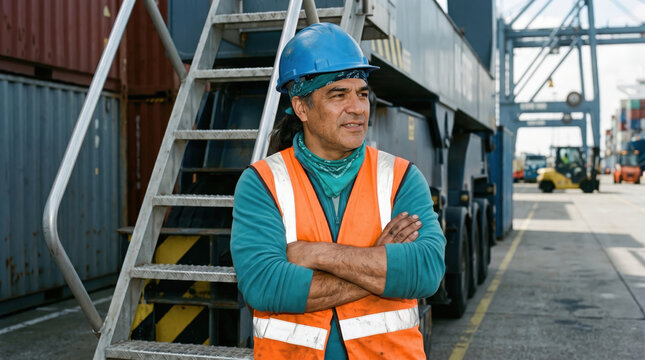 Port worker in safety vest beside crane ladder