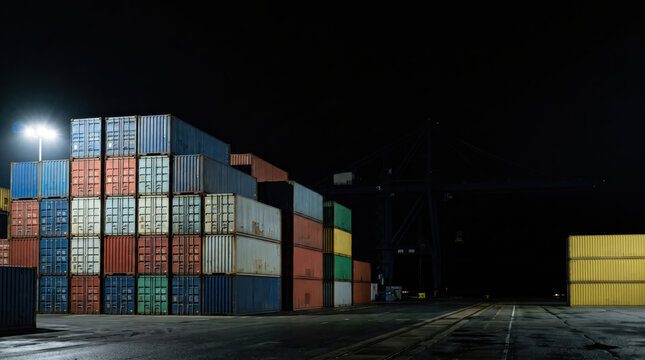 Night container terminal with stacked cargo freight units