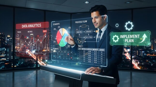 Businessman Presenting Digital Analytics and Implementation Plan with Holographic Interface