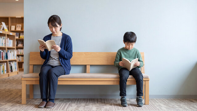 読書スペースのベンチでそれぞれの本を読む母親と男の子