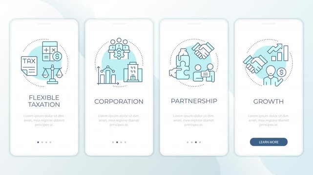 Modern corporate growth strategies animated mobile app onboarding. Business framework alignment. Welcome screen UI. Carousel walkthrough animation with blue monochrome concept icons