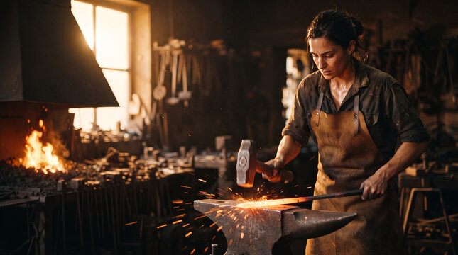 Blacksmith forging metal with hammer on anvil in workshop