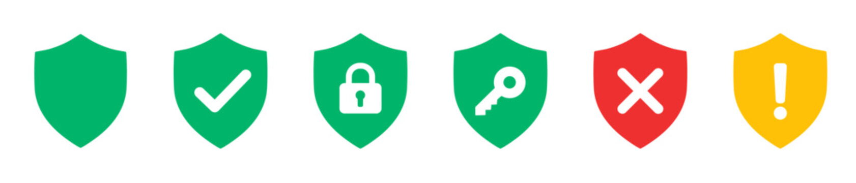 Security shield icon set with security status and warning symbols. Colored Cybersecurity icons for websites, apps networks and digital services