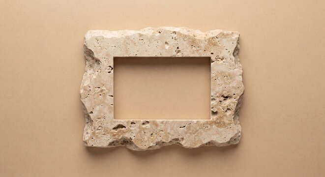 Empty rectangular picture frame made of natural travertine stone isolated on a beige background for interior design
