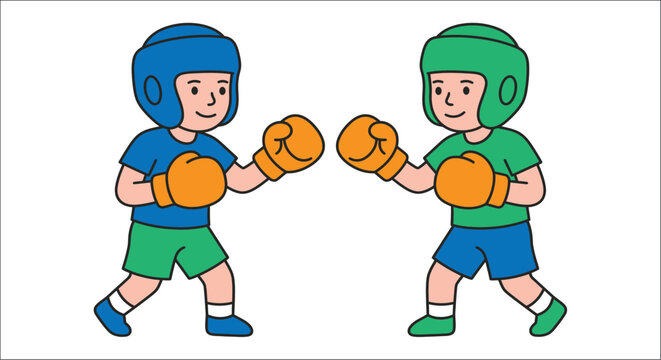 Two cartoon boxers with protective headgear face each other in a vibrant vector illustration boxing