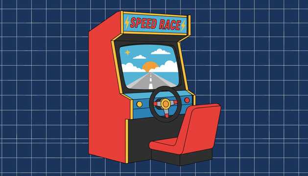 Retro arcade speed race video game machine with steering wheel and red seat, set against a dark blue grid background.