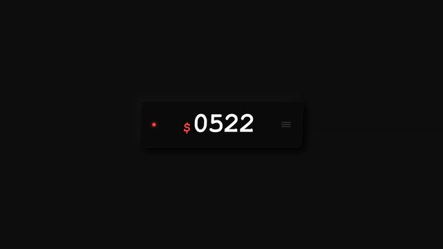 Digital financial counter displaying rising dollar values on black