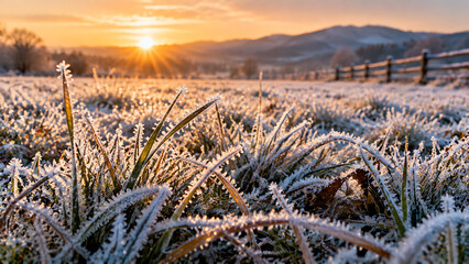Obraz premium Frost-covered grass in a rural meadow at sunrise, with a wooden fence and distant rolling hills under a golden morning sky in late autumn or winter