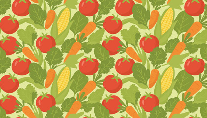 Fototapeta premium Colorful seamless pattern of fresh tomatoes, carrots, corn, and green leafy vegetables on a light green background.