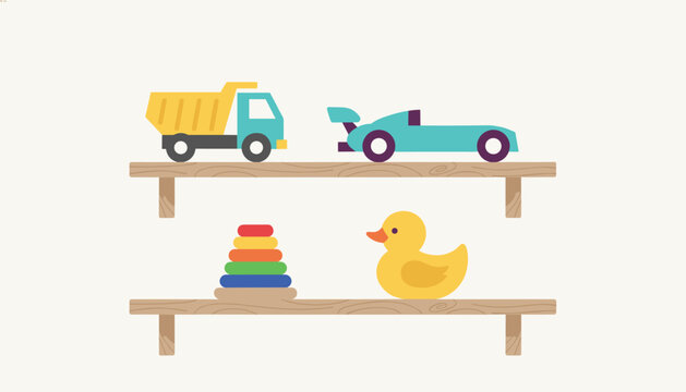 Wooden shelves filled with colorful children toys including a dump truck, race car, stacking ring, and rubber duck.