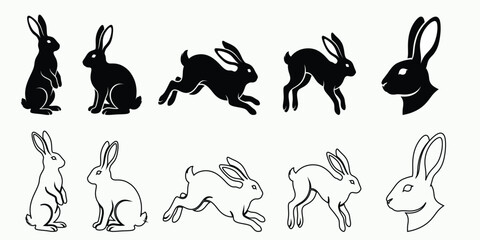 Collection of black and white rabbit silhouettes in various poses and arrangements © MDSAIDUR