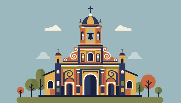 Symmetrical and colorful illustration of a colonial style church building with trees and clouds under a blue sky.
